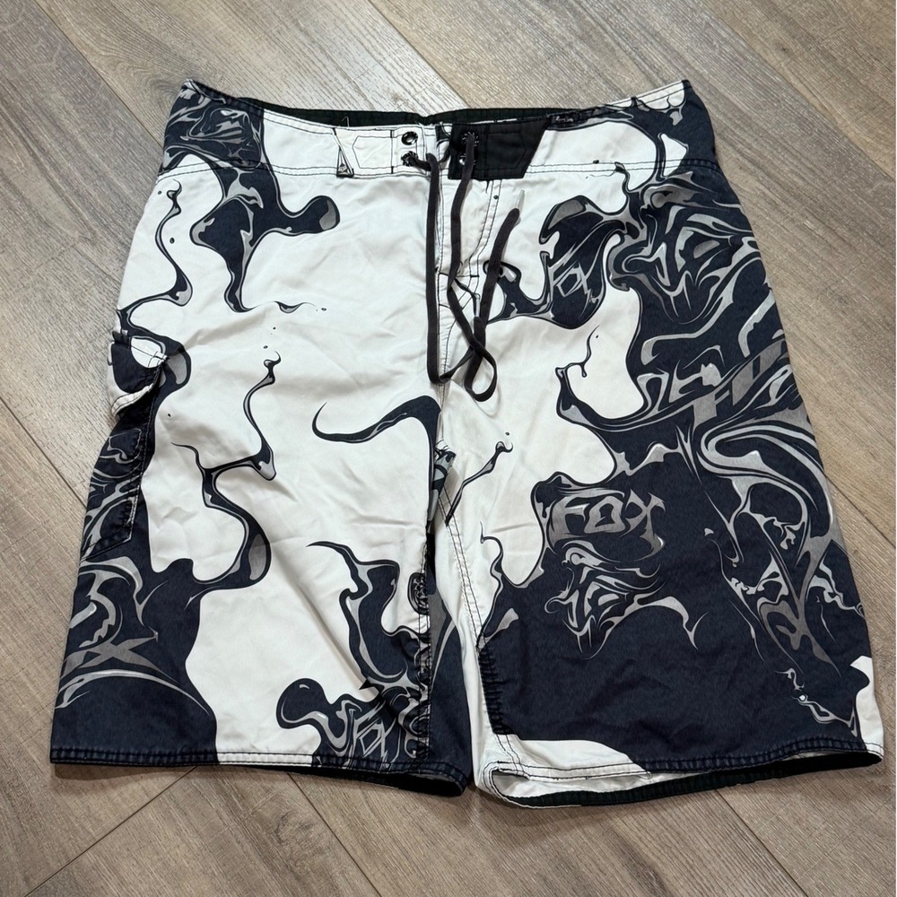 VTG Y2K Fox Racing Mens Board Shorts Size 36 Black White Graphic Swim Surf Cargo